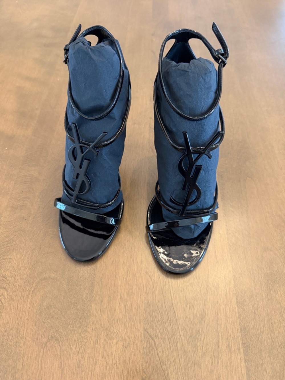 Saint Laurent Black Patent Leather YSL Logo Heeled Sandals